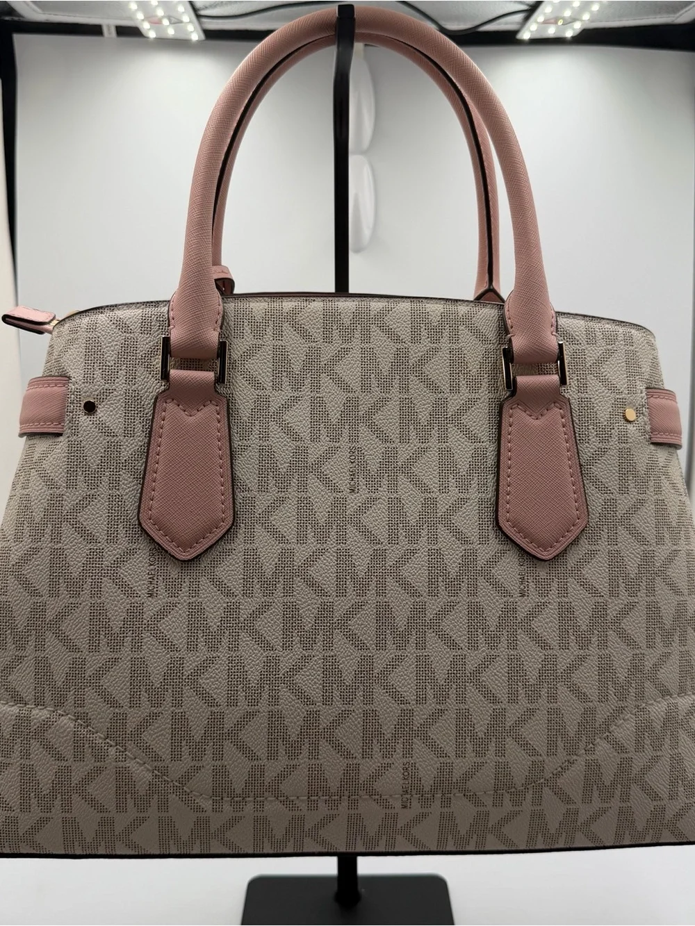 Michael Kors Lynn Large East West Signature Satchel with Dusty Pink Trim NWT